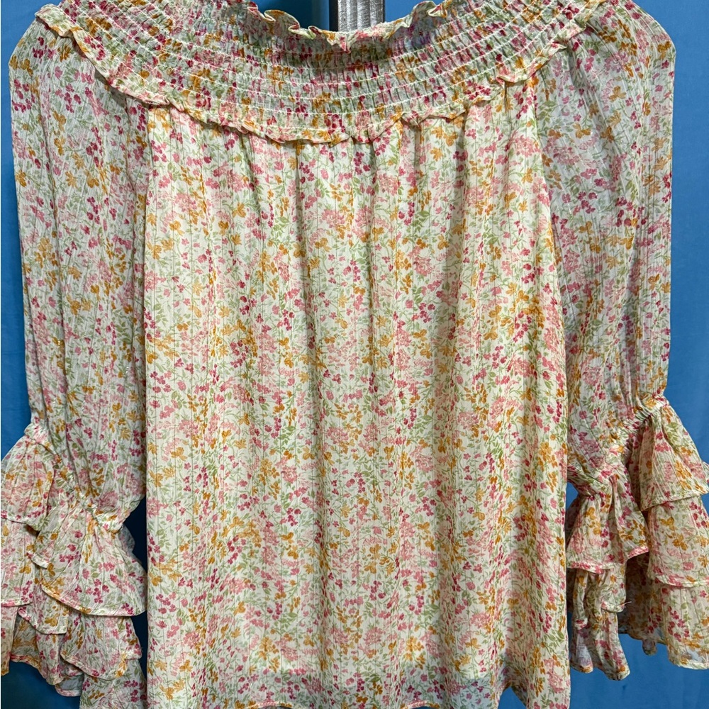 CeCe Floral Ruffle Sleeve Blouse - Pink and Yellow - Picture 2 of 5